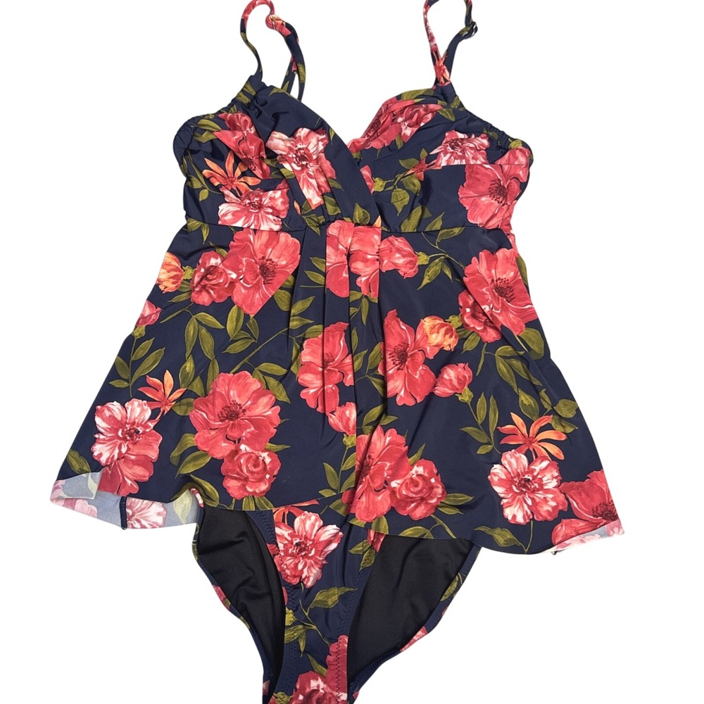 Garnet Hill Navy Red‎ Floral Swim Dress One Piece Swimsuit 04 RN102816